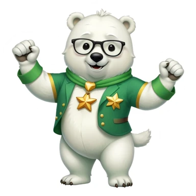 full body friendly anthropomorphised polar bear smiling, wearing large multicolored star-shaped glasses and festive St. Patrick's Day outfit, raising a fist in celebration sticker