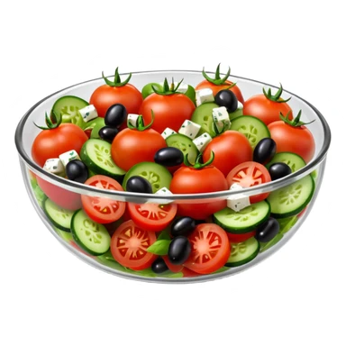 mediterranean salad bowl object icon, served in a transparent glass bowl, tomatoes, cucumbers, olives, feta cheese, olive oil dressing, glossy fresh look, 3D cartoon, mobile game icon style, centered, clean background, soft shadow, no text, no watermark sticker