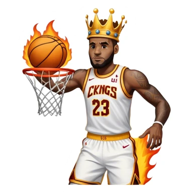 Make LeBron James wearing a kings crown and dunking a basketball into a basketball hoop with fire and smoke below him sticker