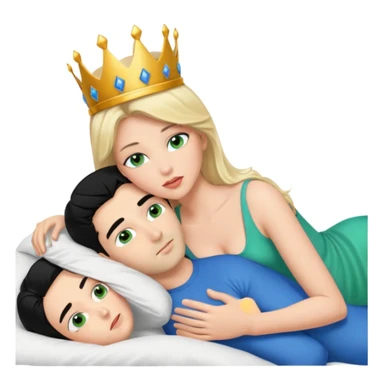 Blonde Queen with crown, Green eyes, naked, kissing man, naked, no crown, black hair, blue eyes, whole Body, Background bed sticker