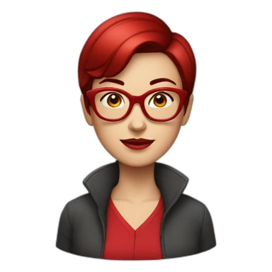 white woman with pixie cut dark red sleek hair and big red glasses wearing red clothes sticker