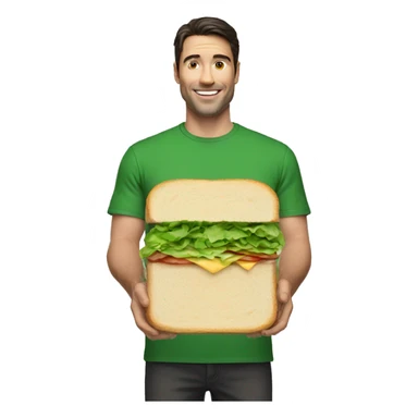 A white man with dark hair in green t-shirt holding a long small sandwich sticker