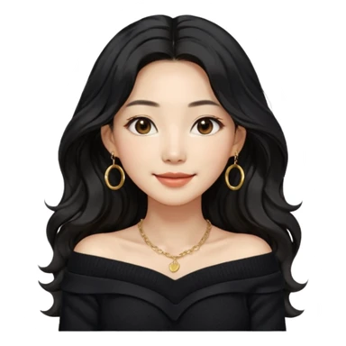 A South Korean girl in her thirties with long black soft wavy hair with middle part and layers. She is wearing a black off the shoulder long sleeve knit sweater, small gold hoop earrings and thin gold necklace. She has brown eyes with mono lid shape and smiling with lips together sticker