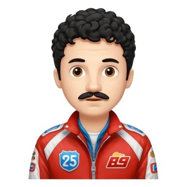 White Boy with curly black hair and a scruffy mustache wearing a race car jacket modern looking into the camera with amazement  sticker