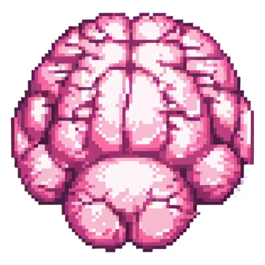 Make this pink melting brain icon more 3D with enhanced depth, shading, and highlights. Keep it fully front facing with pixel art accents. Background transparent. sticker