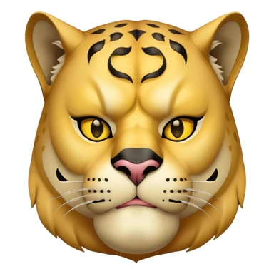 a fat man, with a vest,  wear half-face golden panther mask sticker