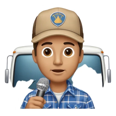 driver of a truck in front of a truck speaking to a microphone interview sticker