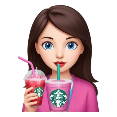 make an emoji of a brunette blue eye girl wearing pink drinking a strawberry acai refresher from starbucks sticker