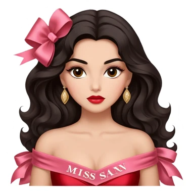 A woman with almond-toned skin, dark voluminous hair in waves, expressive eyes with soft lashes and shimmer, full lips with a glossy nude-pink color, wearing a red dress and a white sash with “Miss San Juan” in black letters, exuding elegance and confidence. sticker