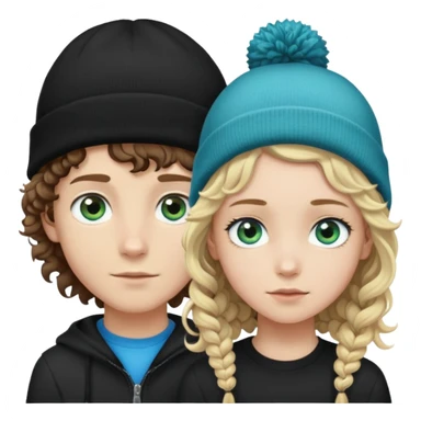 Pale, blue eyed boy, with curly long brown hair and a black beanie on and a short straight haired blonde girl with blue and green eyes sticker