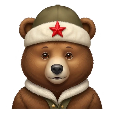 Brown bear wearing a traditional Russian ushanka hat with red star sticker
