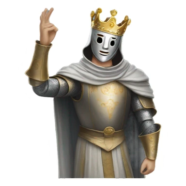 king baldwin IV in silver full face mask up who raises his right hand with the mask sticker