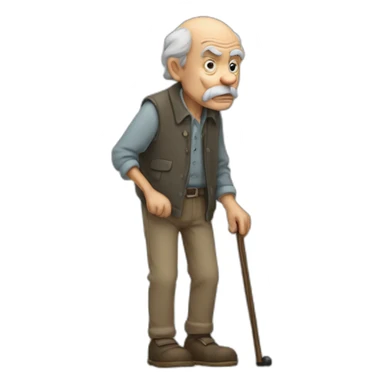 Old man leaning on a walking cane and holding his crancky back with his hand, grumpy face, detailed sticker