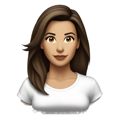 3/4 face, contrasted, shadow, light, Eva Longoria expression, standing from a distance, thin nose, brunette woman, hazel eyes, long eyelashes, dark shoulder shaded hair, white t-shirt, jeans, white sneakers sticker