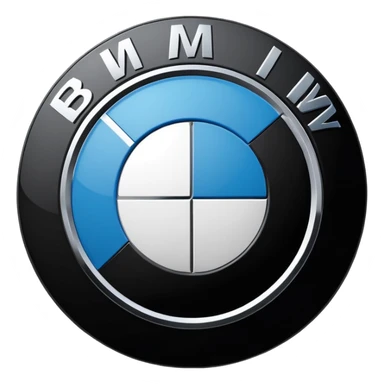 A clean, circular car logo inspired by BMW, with a black outer ring, inner circle divided into four equal quadrants, alternating blue and white colors, bold white letters on the black ring, glossy finish, minimal background, high resolution, professional automotive logo style sticker