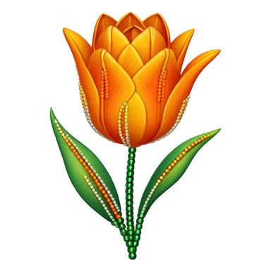 french beaded tulip, floral craft, sparkling glass beads, orange and yellow gradient petals, green foliage, realistic, elegant, no background sticker