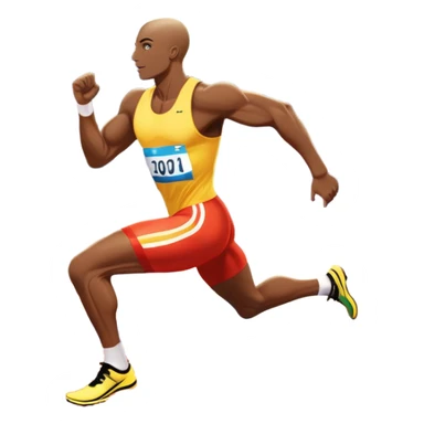 An icon depicting a sprinter in mid-run on a track, muscles tense with speed. The background shows a vibrant stadium filled with cheering fans, bright lights illuminating the track, and a clear sky above. The energy of the race and the thrill of competition are captured in motion.  sticker