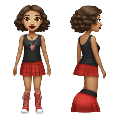 Una chica de cabello azabache con cuerpo voluptuoso con sus labios pintados de rojo con un vestido rojo y ojos azules fuertes alado de un chico de cabello negro con tatuajes por el cuerpo de ojos grises vestido con un pantalón negro y una blusa negra sticker