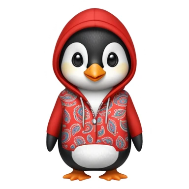 penguin wearing a red paisley pattern hoodie sticker