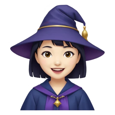 An Asian short-haired girl with short raven hair and bangs, with heterochromia eyed, eyeliner, and laughs with teeth and her tiny fang of mauve-toned lipstick, wears a dark navy wizard hat with an emblem on it. sticker