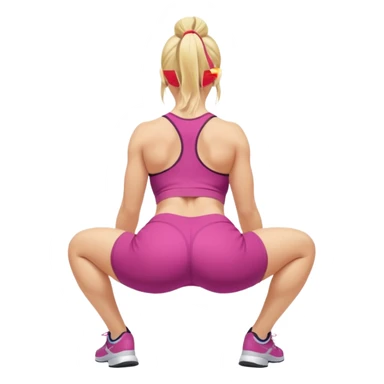 buxom blonde fitness trainer, back view, bending over, squatting on soles, SFW, sporty outfit, playful pose, no nudity sticker