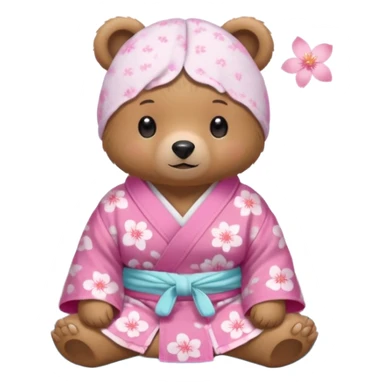 A cute light-brown bear wearing a pastel pink sakura-patterned yukata loosely, normal balanced body ratio.  
Relaxing in a warm hot spring with steam around, a small towel on the head, peaceful happy expression.  simple scenic background with rocks. sticker
