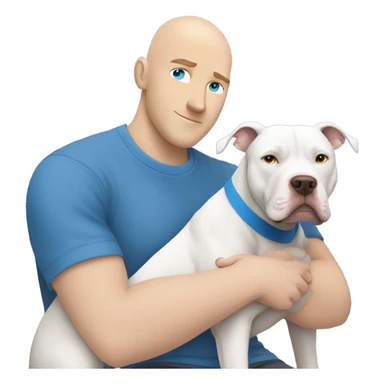 bald white man with blue eyes and blue tshirt Hugging large grey pit bull sticker