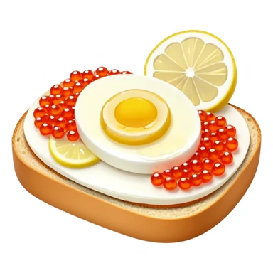 open sandwich with butter, boiled half egg, slice of lemon, red caviar sticker