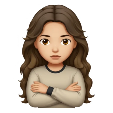 Hispanic light tan girl with long dark wavy hair with arms folded and pouting. Wearing a long sleeve. Hair with middle part. sticker
