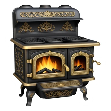 An antique cast iron coal stove from the 1900s with ornate details, small fire visible inside, black metal with brass accents sticker