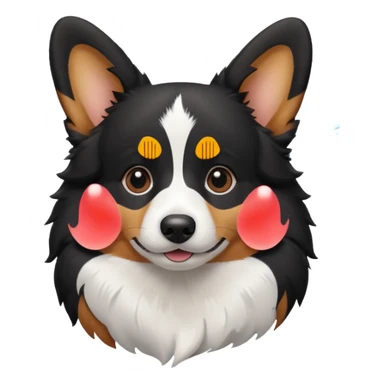 black tricolor corgi with no tail and a snowflake on it's nose sticker