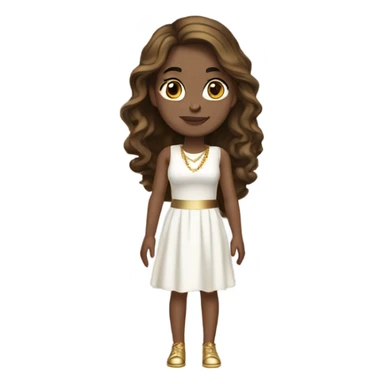 do a white girl but not too white with dark honey hair dark eyes and gold jewelry, full body legs arms and a white dress sticker