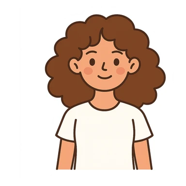 flat-toon style girl with curly chestnut hair wearing a white t-shirt, no background sticker