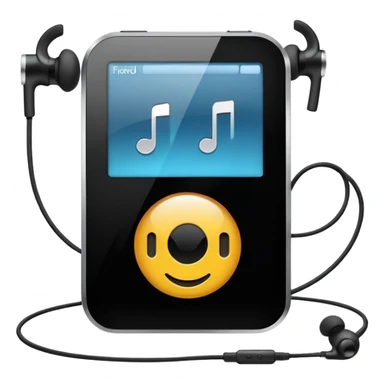 Futuristic iPod emoji with earphones, metallic black and white, smooth reflective surfaces, flat minimal vector design, clean UI style sticker