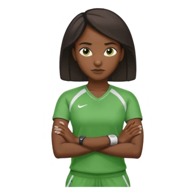 A calm black female coach with folded arms, analyzing the game with sharp focus, green clothes sticker