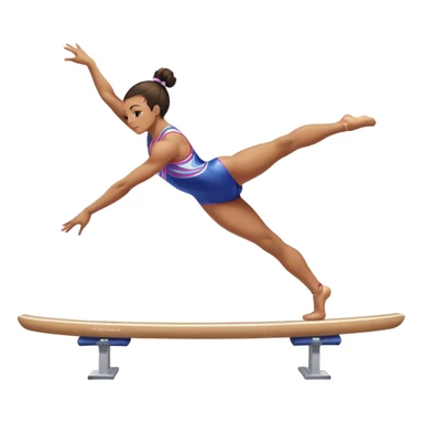 An acrobat performing a dynamic move on the balance beam, rings, or parallel bars, showcasing strength and precision. The acrobat is in mid-action, gracefully balanced, with a focused expression. The background features a professional gymnastics gym with bright lights and a cheering crowd sticker