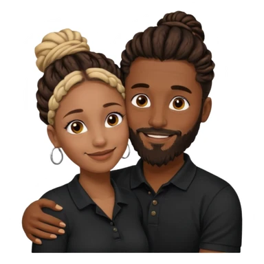 Couple emoji: smiling woman with brown skin, nose ring, makeup, hugging man with dark skin, beard, dreadlocks in a bun, wearing black polo. Warm, loving vibe. sticker