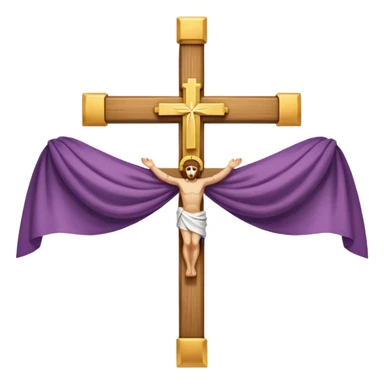 Cross made of wood, the top of the tip of the cross, a golden cross, and a white cloth hanging over the two arms of the cross sticker
