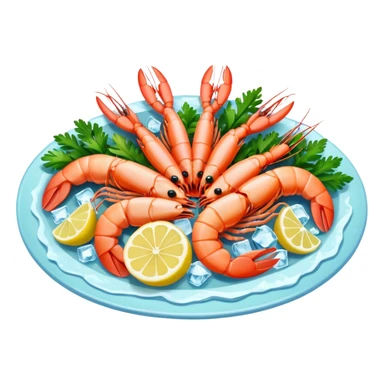 Create a realistic seafood platter with cooked prawns, ice, & garnish. sticker
