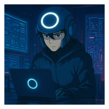 ghibli style futuristic tech boy with robot helmet, glowing white circle, high-tech laptop, neon cyberpunk room, holographic displays, focused, mysterious sticker