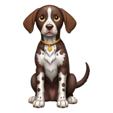 cinematic-[german pointer]-realistic-full-body-sitting-emoji,-tail-resting-loosely-beside-its-paws,-head-tilted-dramatically,-sleek-[brown and white spotten]-fur,-simplified-yet-realistic-focused-features,-highly-detailed,-glowing-with-an-almost-sarcastic-glow sticker