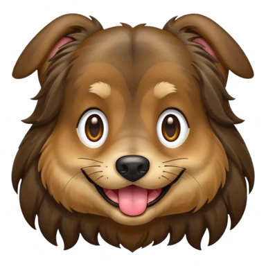 dog face with a long-haired brown and black brindle coat and light brownish gold eyes smiling with tongue hanging slightly out. sticker
