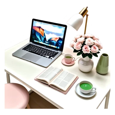 seeing a working from home desk from above with a macbook computer, fashion/interior magazines, flowers in a little vase, louis poulsen portable lamp with a dimmed cozy light and a iced matcha. very girly aesthetic sticker