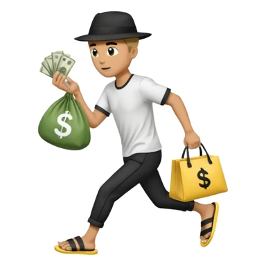 Make a man wear a black pant and he shirt is balck line and white line and wear a black hat and he holding a money bag and he running he wear a black eye thing no money in the Left hand and he yellow and the money bag in the right he wear a flip flop like this is Money bag 💰 NO MONEY sticker