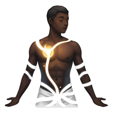 minimalist dark male silhouette with flowing black-and-white curves across the lower body, now overlaid with a small, softly glowing spark or radiant light near the chest or head — symbolizing inspiration, inner fire, and creative energy awakening” sticker
