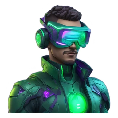 A hiperrealistc cyberwear futuristic metaverse Man playing with holograms cyberwear techwear green and purple neon perfect lights add a Futuristic cyberpunk metaverse headset sticker