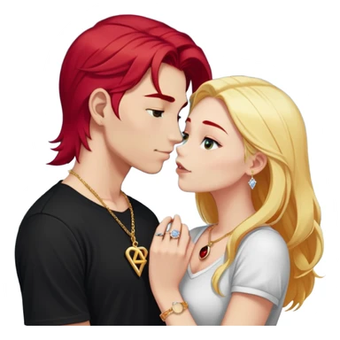 young 20 year old couple kissing, girl with long cherry red hair and blonde eyebrows wearing gold necklace with letter A, diamond gold ring, red bracelet and light clothes, boy with pure snow white hair wearing dark t-shirt and silver ring with black stone sticker