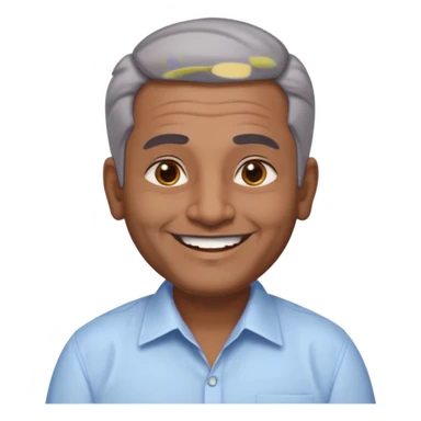 50 yr old indian man, dark skin, grey hair, big smile, white teeth, chubby, no moustache, clean shaven, young style hair, hair brushed back, 5 oclock shadow, bindy on forehead, dress shirt, forehead dot sticker
