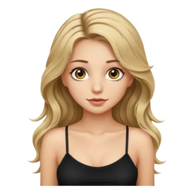 make an emoji girl with long dirty blond hair and hazel eyes. wearing a cute black spaghetti strap tank top tank top and her hair is down and slightly wavy. she also has really long eyelashes  sticker