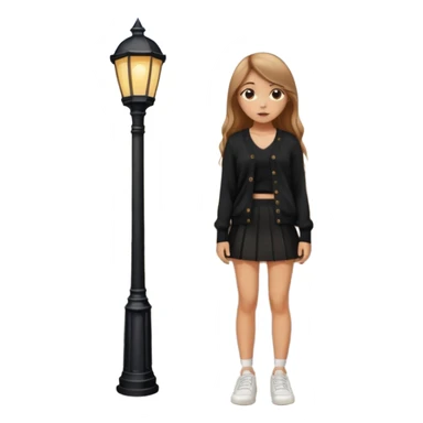 девушка с русыми длинными волосами,  в черной короткой юбке и вязаной черной кофте с дырками, в белых кедах рядом с фонарным столбом sticker